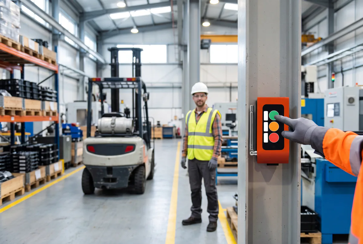 Üretim alanında sütuna monte çağrı butonuna eldivenli eliyle basan operatör, arkada forklift bekliyor